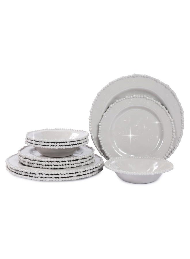 Lechoo Grey Pearl Melamine Dinnerware Set, 12-Piece Plastic Dinner Dishes Set, Service for 4 Unbreakable Kitchen Plates and Bowls Set - Image 1