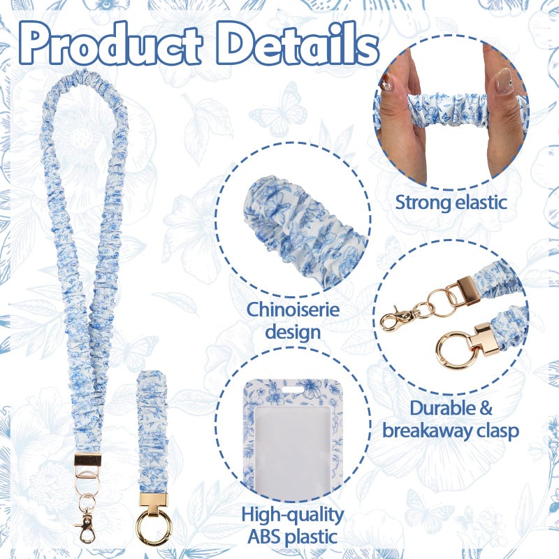 Nlicrst Scrunchie Lanyard Breakaway with ID Badge Holder - Chinoiserie Style Stretchy Lanyards with ID Badges Wristlet Keychain Key Rings Set for Women Teachers Nurse Work, School, Birthday Gifts - Image 4