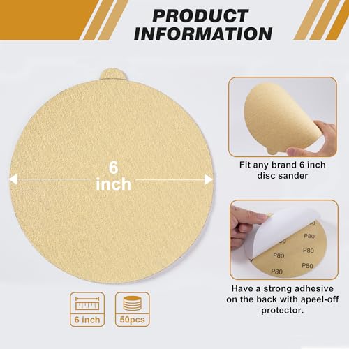 Shawya 50 PCS 6 Inch PSA Sanding Discs 80 Grit Self Adhesive Sticky-Back Sandpaper for DA Sander Finishing Abrasive Sand Paper Woodworking Wood Metal Sanding Disc - Image 4