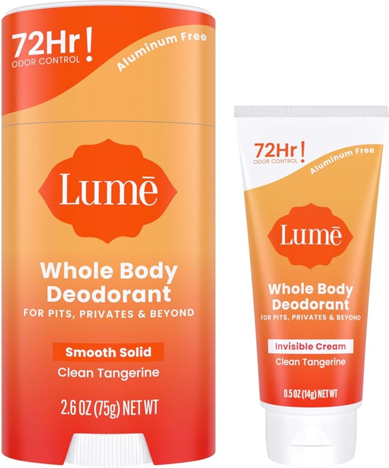 Lume Whole Body Deodorant – Invisible Mini Cream Tube + Solid Bar Pack – 72 Hour Odor Control – Aluminum and Baking Soda Free, Skin Lover (Clean Tangerine