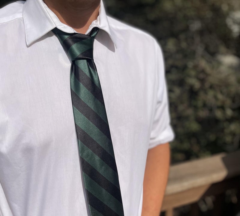 tiemart Men's Striped Tie Regular Length (Hunter Green and Black) - Image 4