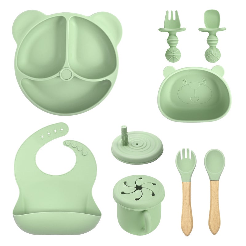 Silicone Baby Dining Set Soft Bib Bowl SpoonDark green 10 pieces-bear plate bear head bowl 2 in 1 cup bib wooden fork spoon short fork spoon Dark green 10 pieces-bear plate bear head bowl 2 in 1 cup bib wooden fork spoon short fork spoon