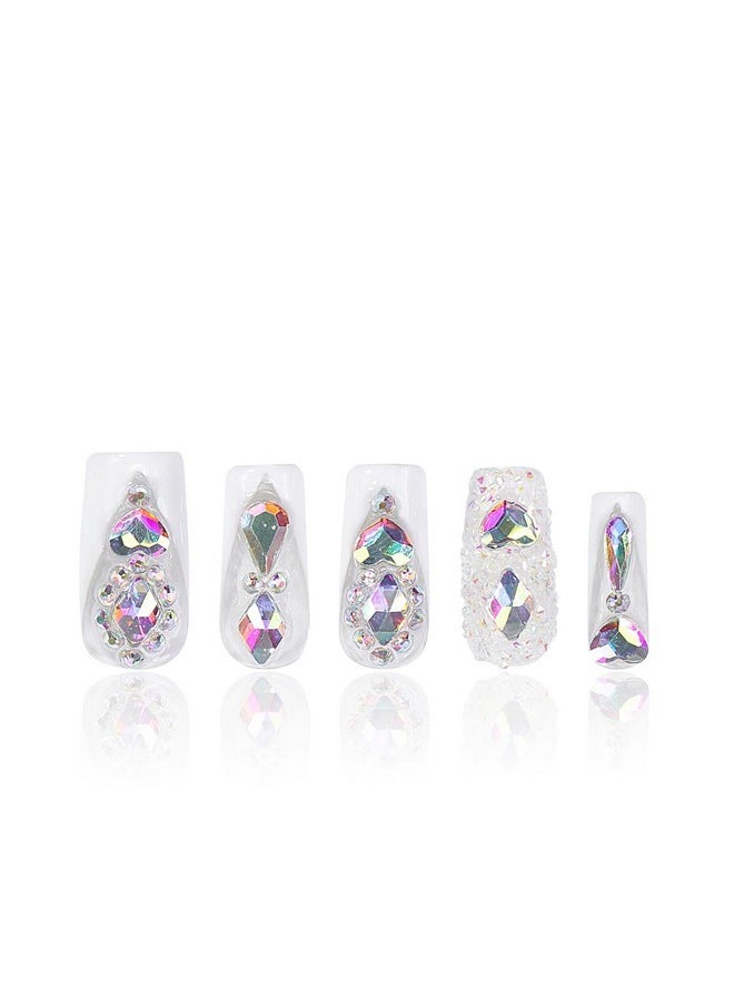Lovful Press On Nails Candy Diamonds & White French Tip | Handmade With Full Covered Crystals | Reusable Fake Nails | Square Regular 0.98In | H36-L  - Image 1