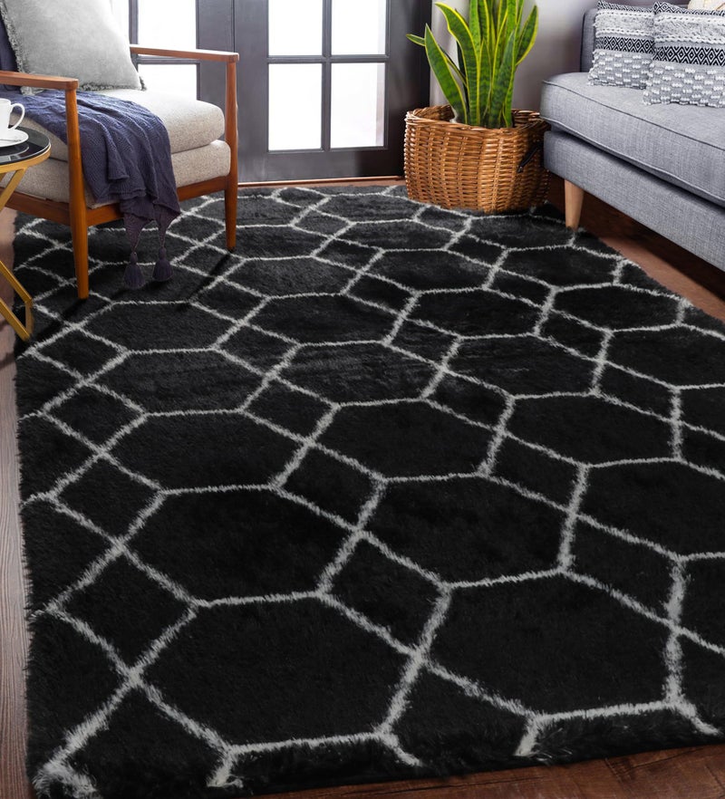 ONASAR Geometric Rug for Bedroom Living Room Washable 4 x 6 Inches Black and White Fluffy Shaggy Rug Shaggy Plush Bedside Floor Rug for Kids Room - Image 1