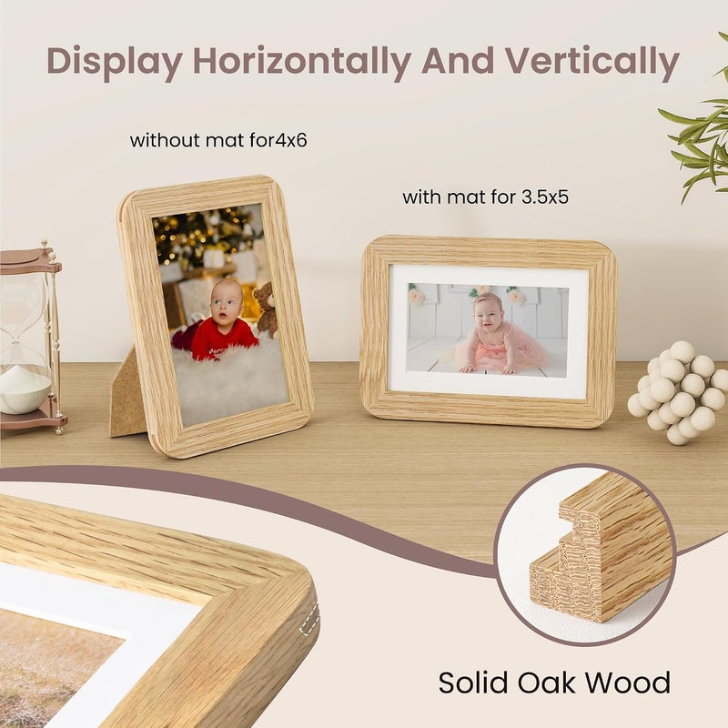 FLYJOE 4x6 Picture Frame - Solid Oak Wood Frame 4x6 with Mat for 3.5x5, 4''x6''Photo Frame,Tabletop and Wall Display, Hanging Hardware Included, 4 By 6 Picture Frame Wood, Natural Oak - Image 4