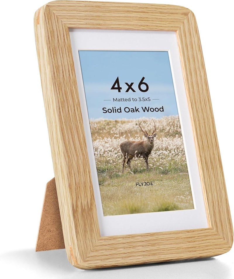 FLYJOE 4x6 Picture Frame - Solid Oak Wood Frame 4x6 with Mat for 3.5x5, 4''x6''Photo Frame,Tabletop and Wall Display, Hanging Hardware Included, 4 By 6 Picture Frame Wood, Natural Oak - Image 1