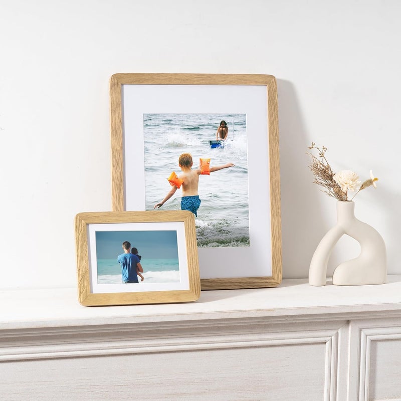 FLYJOE 4x6 Picture Frame - Solid Oak Wood Frame 4x6 with Mat for 3.5x5, 4''x6''Photo Frame,Tabletop and Wall Display, Hanging Hardware Included, 4 By 6 Picture Frame Wood, Natural Oak - Image 2