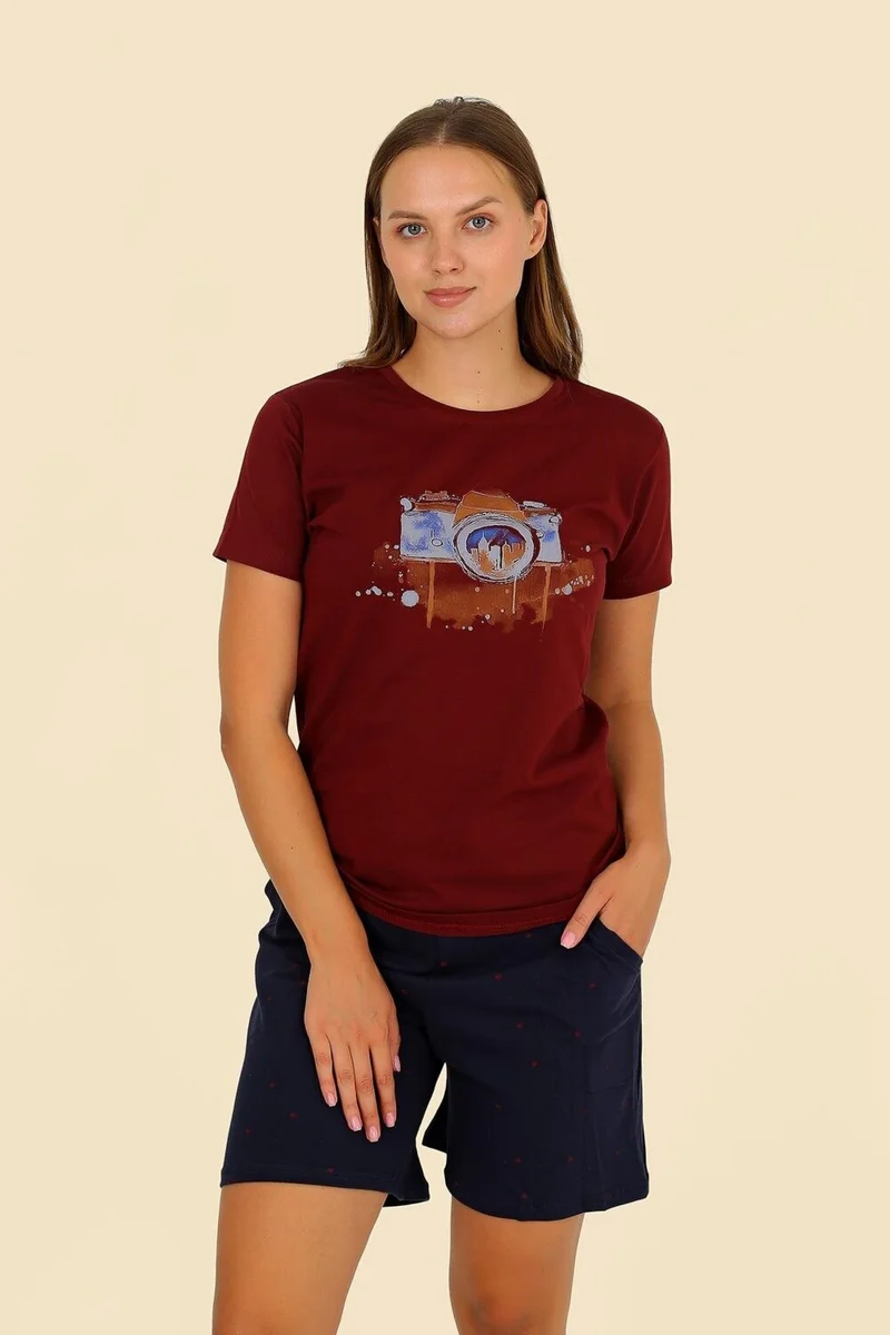 اكبينيز Women's Short Sleeve Combed Cotton Pajama Set Claret Red 3622
