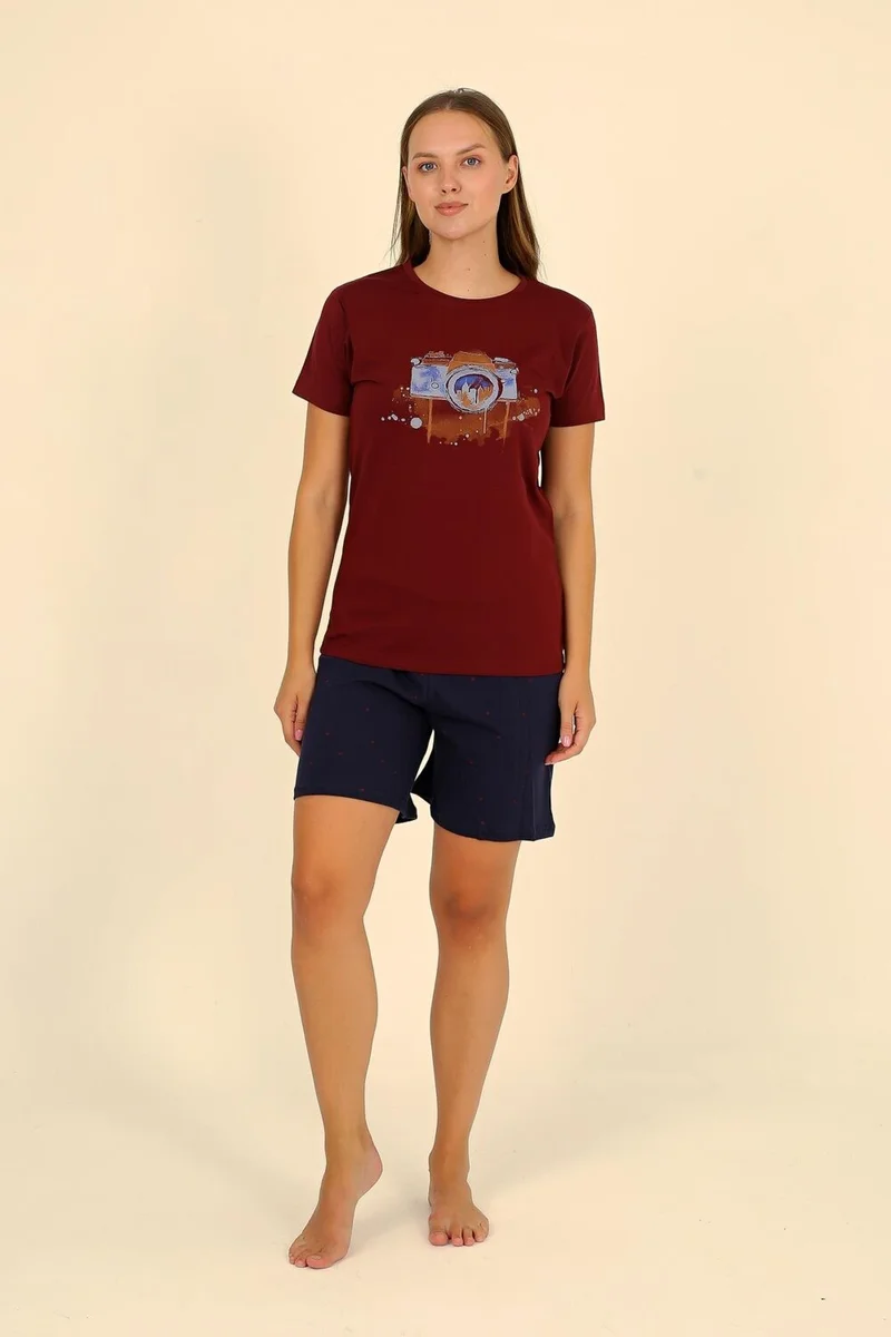 اكبينيز Women's Short Sleeve Combed Cotton Pajama Set Claret Red 3622