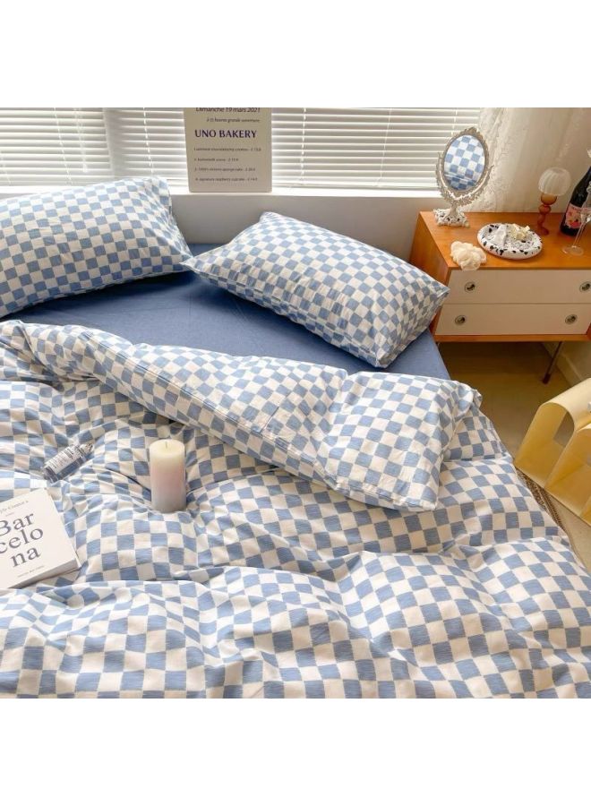 Nanjiren Four-piece Set Washed Cotton Quilt Cover Student Dormitory Bed Single Quilt Three-piece Set Bedding Quilt Cover-Color:Checkerboard-Blue-Specifications:1.8x 2.2 M [single Quilt Cover]] - Image 1