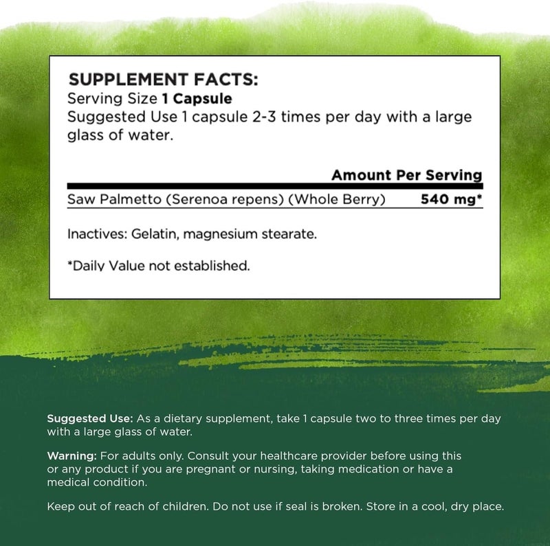 Swanson Saw Palmetto  Herbal Supplement Promoting Male Prostate Health Support  Natural Hair Supplement  Urinary Health Support  540 mg 100 Capsules - Image 2