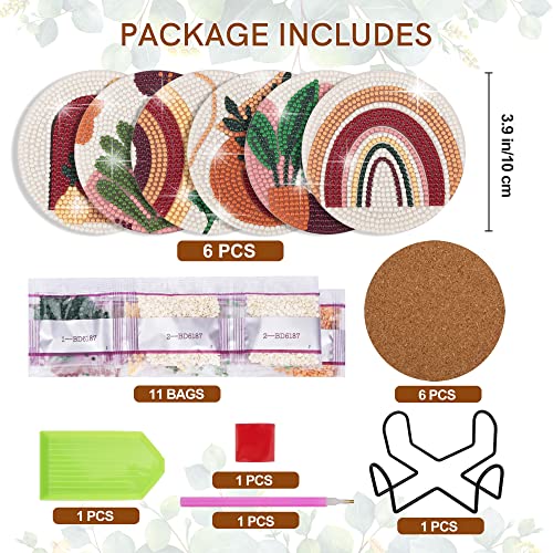 Temlum 6 Pcs Diamond Painting Coasters with Holder, Abstract Plants Coasters Diamond Art Kits for Beginners, Adults Small Diamond Painting Kit Art Craft Supplies - Image 2