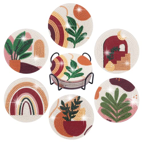 Temlum 6 Pcs Diamond Painting Coasters with Holder, Abstract Plants Coasters Diamond Art Kits for Beginners, Adults Small Diamond Painting Kit Art Craft Supplies - Image 1