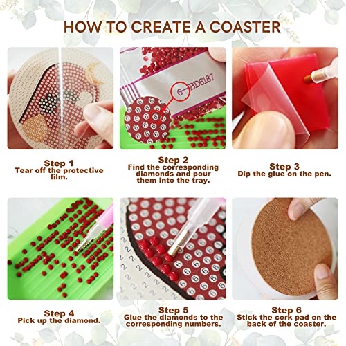Temlum 6 Pcs Diamond Painting Coasters with Holder, Abstract Plants Coasters Diamond Art Kits for Beginners, Adults Small Diamond Painting Kit Art Craft Supplies - Image 3