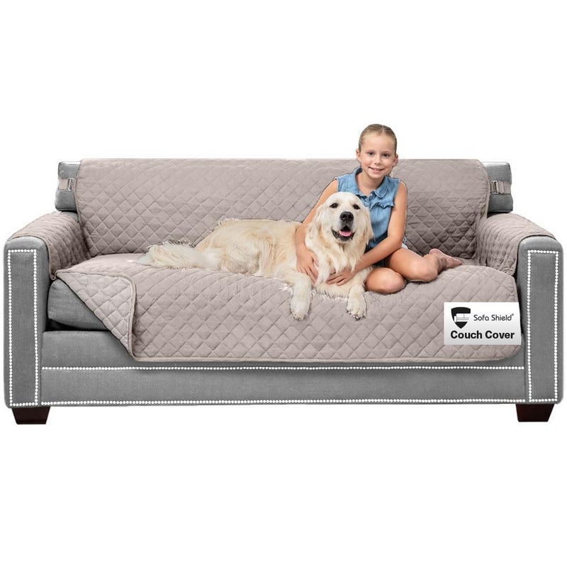 Sofa Shield Couch Slip Cover with Patented Strap, Cushion Protector, US Designed Reversible Stain and Dog Tear Resistant Slipcover, 70 inch Seat, Washable Covers for Dogs Pets, Light Taupe - Image 1