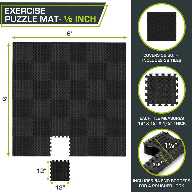 ProsourceFit Exercise Puzzle Mat Â½-inch, Checkered EVA Foam Floor Tiles w/ Non-Slip Texture, Gym Mats w/ Interlocking Flooring for Adjustable Surface, Shock Absorbing, Black, 36 SQ FT - 36 Pieces - Image 2
