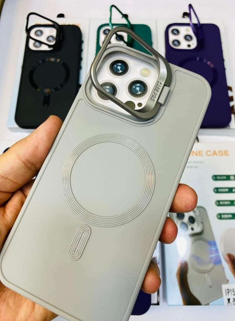 جراب مغناطيسي لهاتف iPhone 16 Pro مع حامل، متوافق مع Magsafe، حامل مدمج لتخزين الكاميرا، حماية، جراب هاتف مريح لهاتف iPhone 16 Pro باللون الرمادي - Image 3