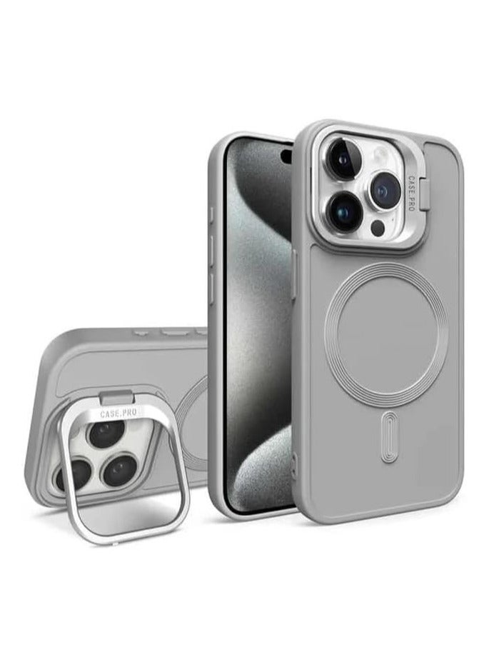 جراب مغناطيسي لهاتف iPhone 16 Pro مع حامل، متوافق مع Magsafe، حامل مدمج لتخزين الكاميرا، حماية، جراب هاتف مريح لهاتف iPhone 16 Pro باللون الرمادي - Image 2