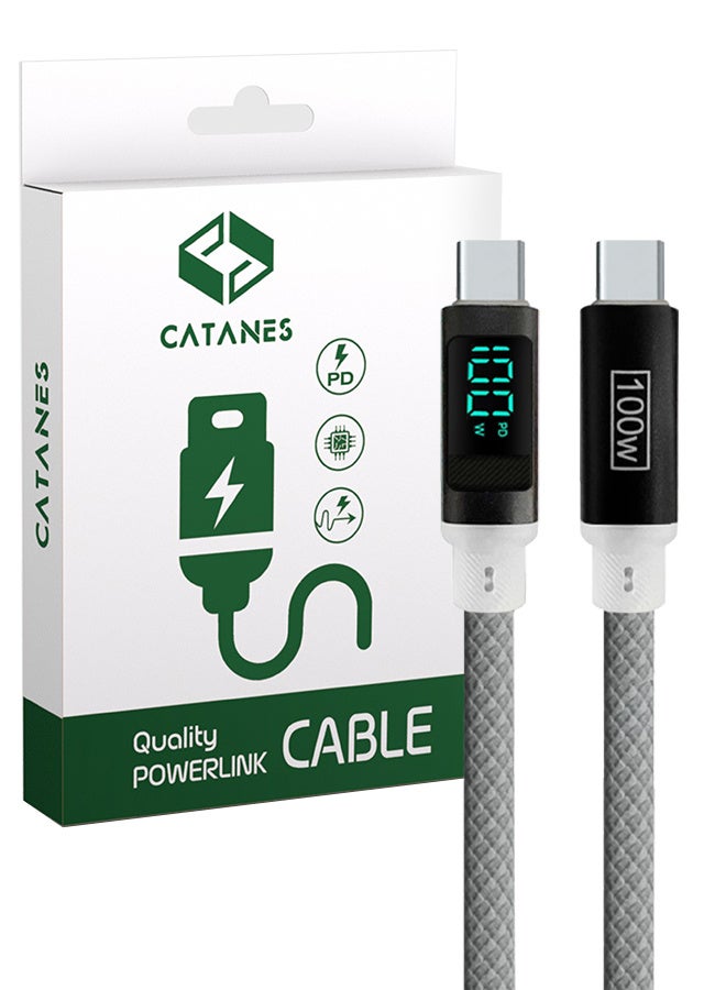 CATANES 100W Fast Charging Cable USB-C to USB-C - Built-in Power Display, PD 3.0 & Durable Braided Design 1M - Light Grey - Image 1