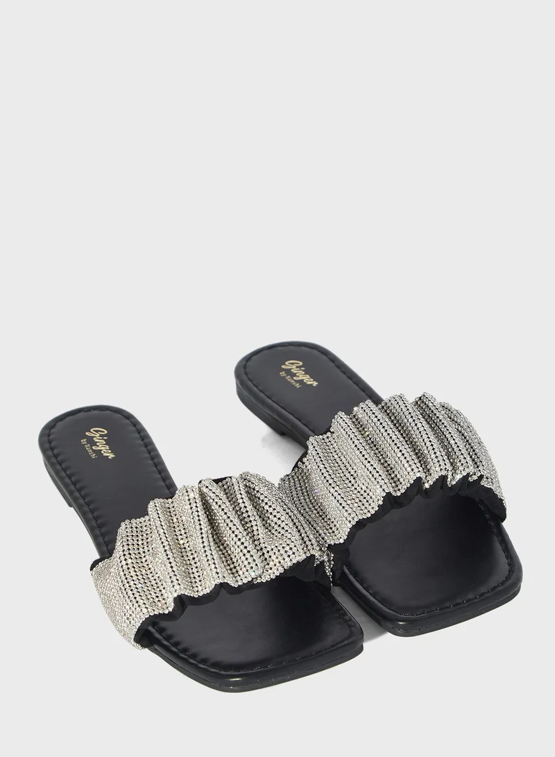 Ginger Sparkle Ruched Strap Flat Sandal