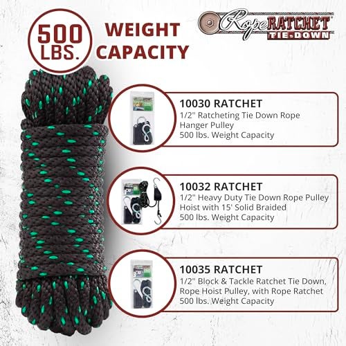 Rope Ratchet 1/2" 50 ft Braided Polypropylene Utility Cord, Weather Resistant Indoor Outdoor for Gardening, DIY Projects, Securing Loads, Binding, Knot Tying, Tarp Use, 500 lb Capacity - Black/Green - Image 4