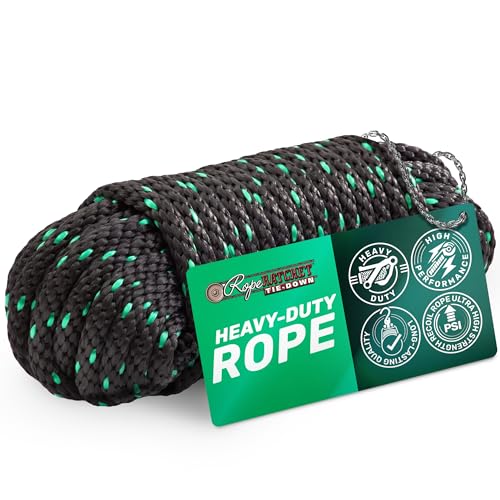 Rope Ratchet 1/2" 50 ft Braided Polypropylene Utility Cord, Weather Resistant Indoor Outdoor for Gardening, DIY Projects, Securing Loads, Binding, Knot Tying, Tarp Use, 500 lb Capacity - Black/Green - Image 1
