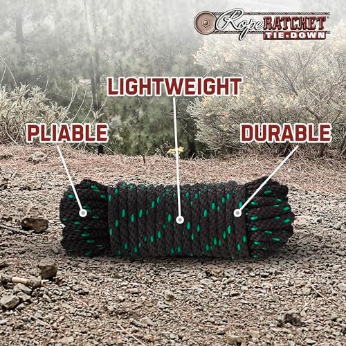Rope Ratchet 1/2" 50 ft Braided Polypropylene Utility Cord, Weather Resistant Indoor Outdoor for Gardening, DIY Projects, Securing Loads, Binding, Knot Tying, Tarp Use, 500 lb Capacity - Black/Green - Image 5