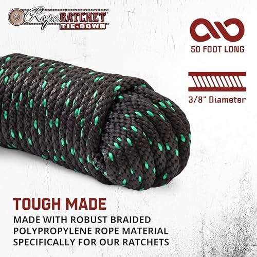Rope Ratchet 1/2" 50 ft Braided Polypropylene Utility Cord, Weather Resistant Indoor Outdoor for Gardening, DIY Projects, Securing Loads, Binding, Knot Tying, Tarp Use, 500 lb Capacity - Black/Green - Image 2