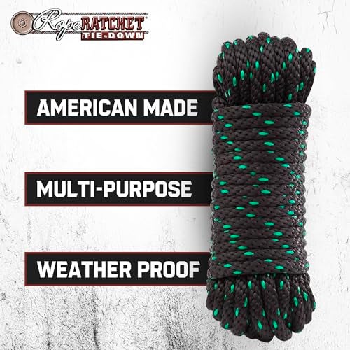 Rope Ratchet 1/2" 50 ft Braided Polypropylene Utility Cord, Weather Resistant Indoor Outdoor for Gardening, DIY Projects, Securing Loads, Binding, Knot Tying, Tarp Use, 500 lb Capacity - Black/Green - Image 3