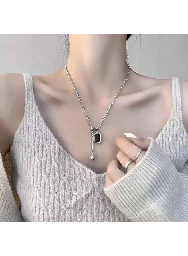 New Women's Necklace Black Zircon Titanium Steel Chain Sweater Sweatshirt Chain Necklace  - Image 1