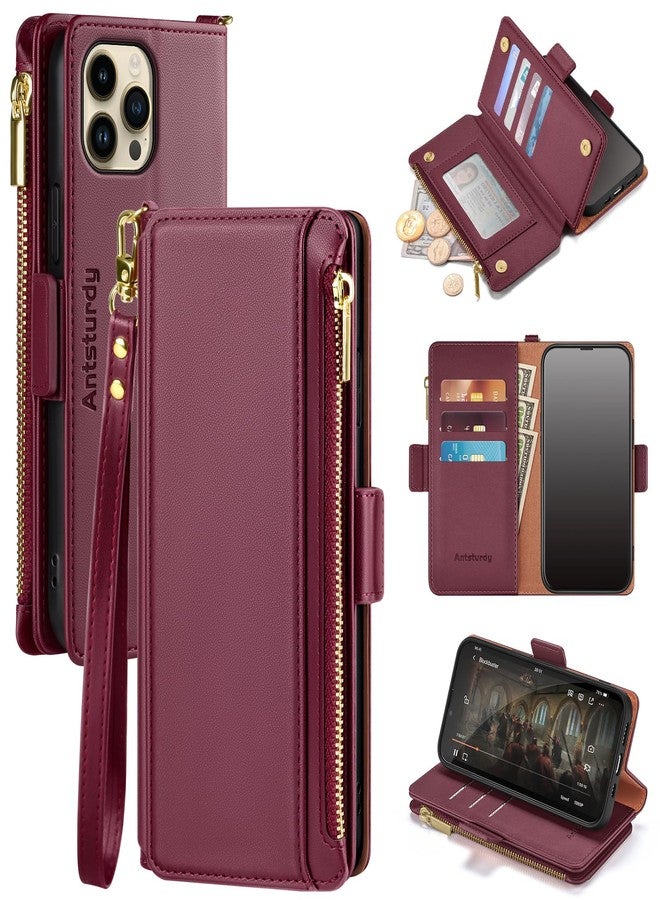 Antsturdy for iPhone 12 Pro Max Wallet case 【RFID Blocking】【Zipper Poket】【7 Card Slot】 PU Leather Flip Folio Protective Cover Credit Card Holder with Wrist Strap Men Women,Wine Red - Image 1