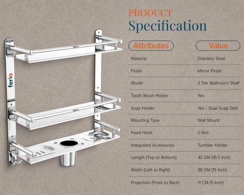 FERIO 3 Tier Stainless Steel Bathroom Shelf for Wall Mounted Bathroom Rack, Shelf for Bathroom Accessories with Double Soap Dish and Toothbrush Holder Soap Holder (16.5 x 4.5 x 15 inch, Mirror Finish) - Image 3