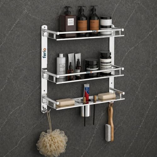 FERIO 3 Tier Stainless Steel Bathroom Shelf for Wall Mounted Bathroom Rack, Shelf for Bathroom Accessories with Double Soap Dish and Toothbrush Holder Soap Holder (16.5 x 4.5 x 15 inch, Mirror Finish) - Image 1