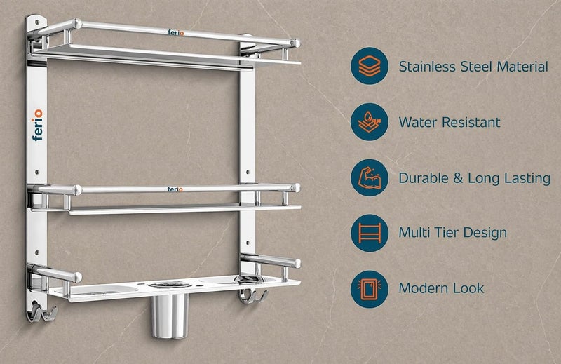 FERIO 3 Tier Stainless Steel Bathroom Shelf for Wall Mounted Bathroom Rack, Shelf for Bathroom Accessories with Double Soap Dish and Toothbrush Holder Soap Holder (16.5 x 4.5 x 15 inch, Mirror Finish) - Image 5