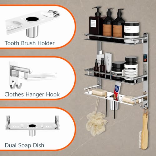 FERIO 3 Tier Stainless Steel Bathroom Shelf for Wall Mounted Bathroom Rack, Shelf for Bathroom Accessories with Double Soap Dish and Toothbrush Holder Soap Holder (16.5 x 4.5 x 15 inch, Mirror Finish) - Image 4