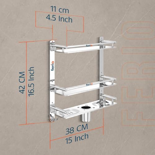 FERIO 3 Tier Stainless Steel Bathroom Shelf for Wall Mounted Bathroom Rack, Shelf for Bathroom Accessories with Double Soap Dish and Toothbrush Holder Soap Holder (16.5 x 4.5 x 15 inch, Mirror Finish) - Image 2