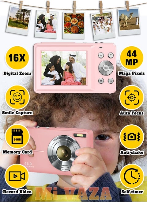Autofocus Digital Camera for Kids - FHD 1080P 44MP - Rechargeable Compact Mini Camera with 16X Digital - Portable Pocket Camera - With 64GB Memory Card