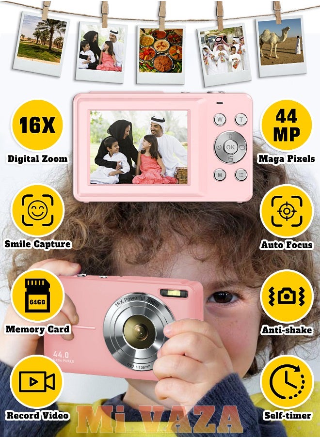 Mi VAZA Autofocus Digital Camera for Kids - FHD 1080P 44MP - Rechargeable Compact Mini Camera with 16X Digital - Portable Pocket Camera - With 64GB Memory Card  - Image 1