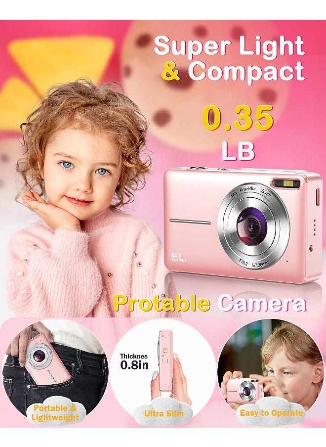 Autofocus Digital Camera for Kids - FHD 1080P 44MP - Rechargeable Compact Mini Camera with 16X Digital - Portable Pocket Camera - With 64GB Memory Card