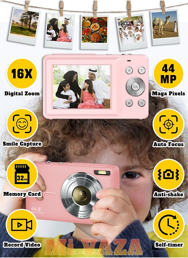 Autofocus Digital Camera for Kids - FHD 1080P 44MP - Rechargeable Compact Mini Camera with 16X Digital - Portable Pocket Camera - With 32GB Memory Card 