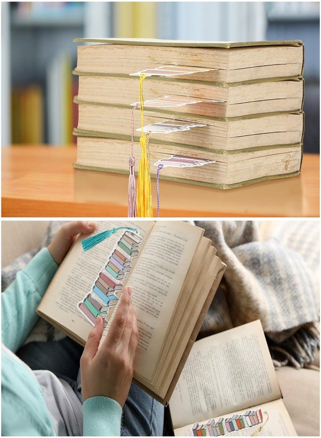 Fuyoooo 50 Pcs Book Tracker Bookmarks 6. 3 x 2. 2 Inch Bookshelf Design Page Markers Bookmarks with Tassel Book Lovers Gift Double Sided Cute Tracker for Back to School Supplies Gift Reading Salon Favors - Image 5