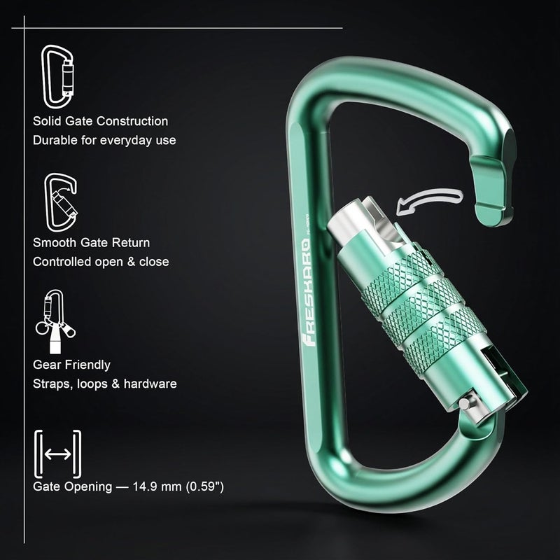 FresKaro 3inch 12kN-2698lbs Auto Locking Carabiner Clips, Solid D Shape, Heavy Duty 7075 Aluminum, Lightweight 1.09oz, Rust Proof, for Hammock, Hiking, Dog Leash, Keychain etc., Multi-Colors - Image 3