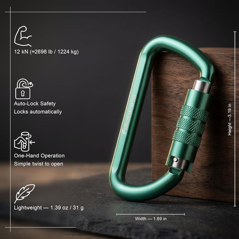 FresKaro 3inch 12kN-2698lbs Auto Locking Carabiner Clips, Solid D Shape, Heavy Duty 7075 Aluminum, Lightweight 1.09oz, Rust Proof, for Hammock, Hiking, Dog Leash, Keychain etc., Multi-Colors - Image 2
