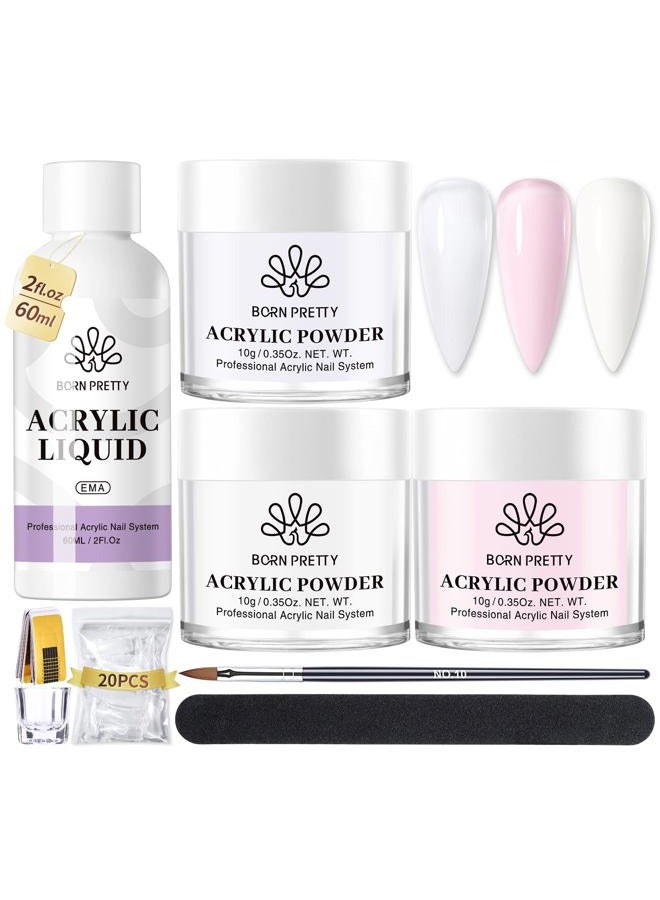 BORN PRETTY Acrylic Nail Kit - Acrylic Powder (Clear, White, Pink) & Liquid Set with Nail Forms, Brush Pen, File & Glass Container - Beginner Friendly - Image 1