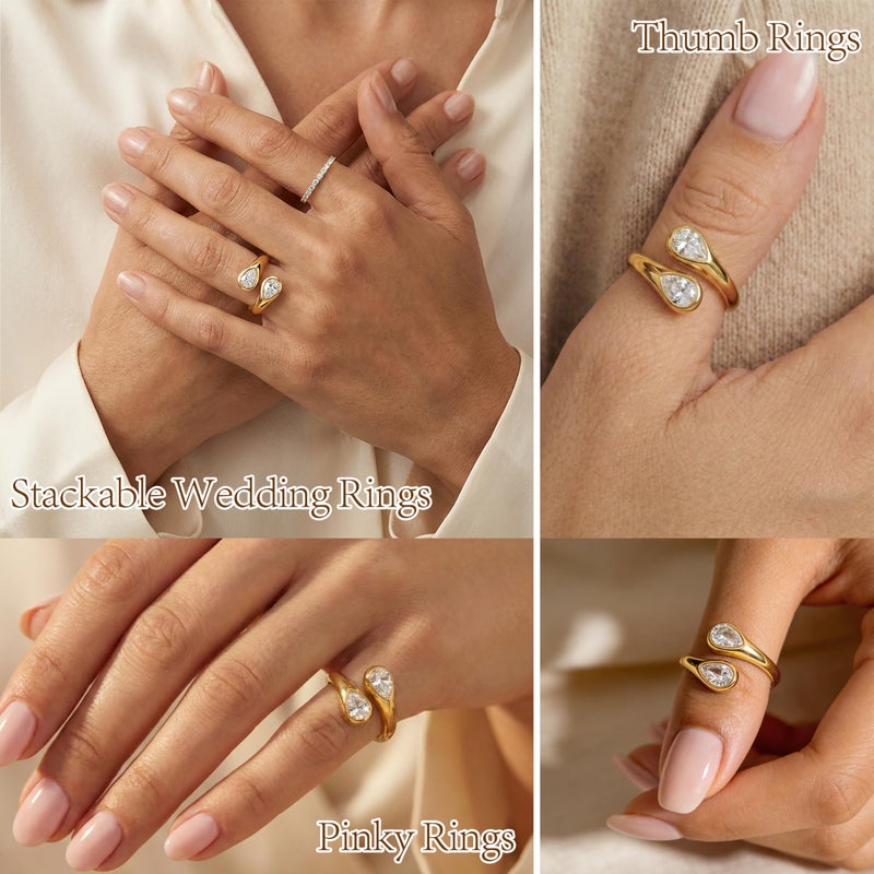Poxtex Pinky 14K Gold Plated Wedding Band Rings for Women, Stainless Steel Adjustable Pear Cut Diamond Open Toi et Moi Ring, Gold Non Tarnish Hypoallergenic Promise Ring Size 6 - Image 3