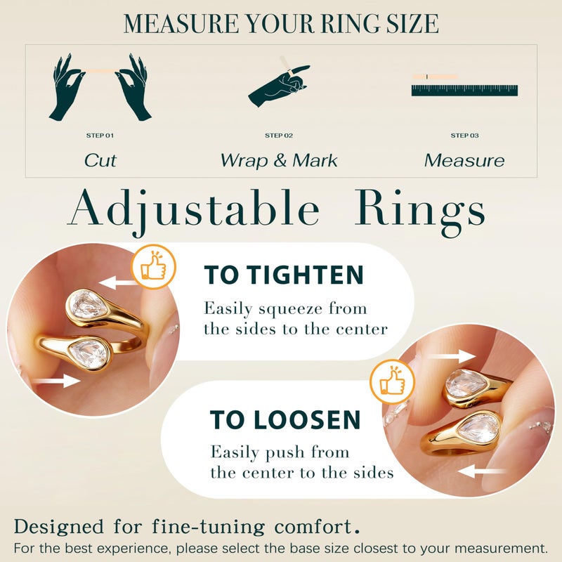 Poxtex Pinky 14K Gold Plated Wedding Band Rings for Women, Stainless Steel Adjustable Pear Cut Diamond Open Toi et Moi Ring, Gold Non Tarnish Hypoallergenic Promise Ring Size 6 - Image 4