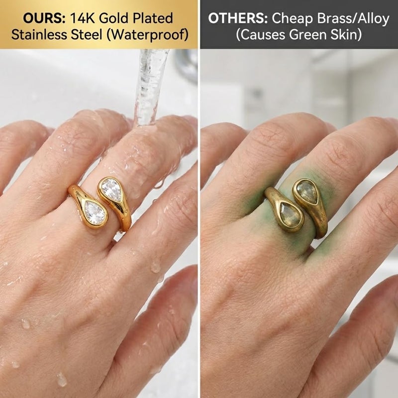 Poxtex Pinky 14K Gold Plated Wedding Band Rings for Women, Stainless Steel Adjustable Pear Cut Diamond Open Toi et Moi Ring, Gold Non Tarnish Hypoallergenic Promise Ring Size 6 - Image 5