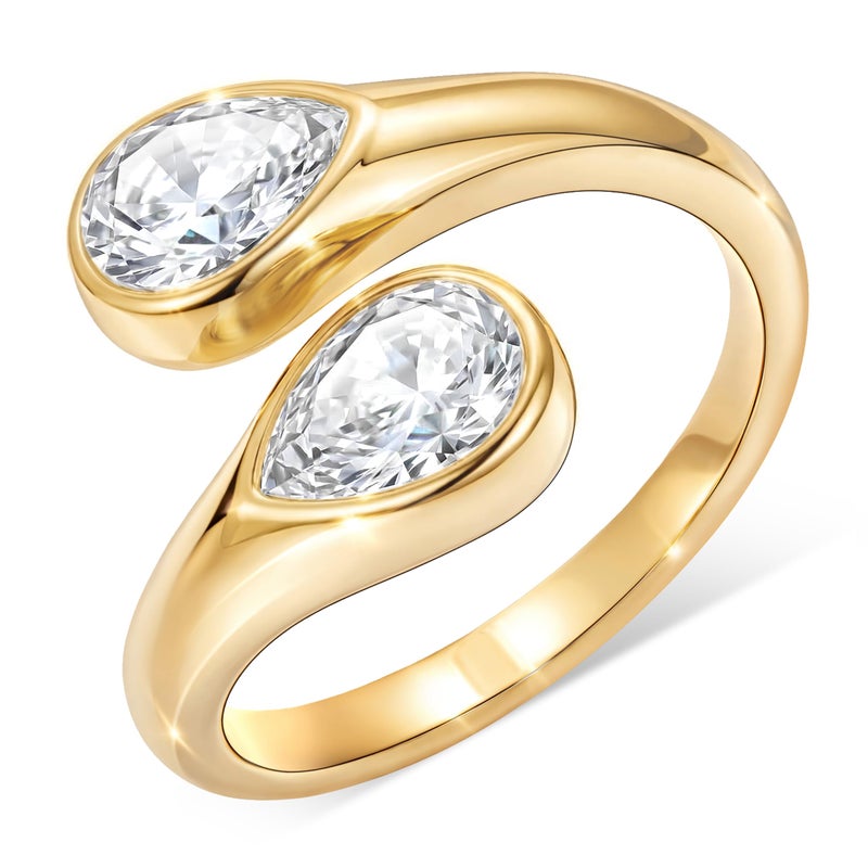 Poxtex Pinky 14K Gold Plated Wedding Band Rings for Women, Stainless Steel Adjustable Pear Cut Diamond Open Toi et Moi Ring, Gold Non Tarnish Hypoallergenic Promise Ring Size 6 - Image 1