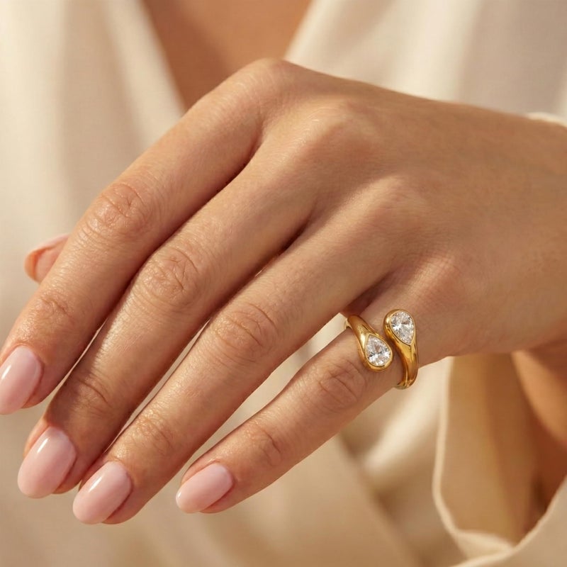 Poxtex Pinky 14K Gold Plated Wedding Band Rings for Women, Stainless Steel Adjustable Pear Cut Diamond Open Toi et Moi Ring, Gold Non Tarnish Hypoallergenic Promise Ring Size 6 - Image 2