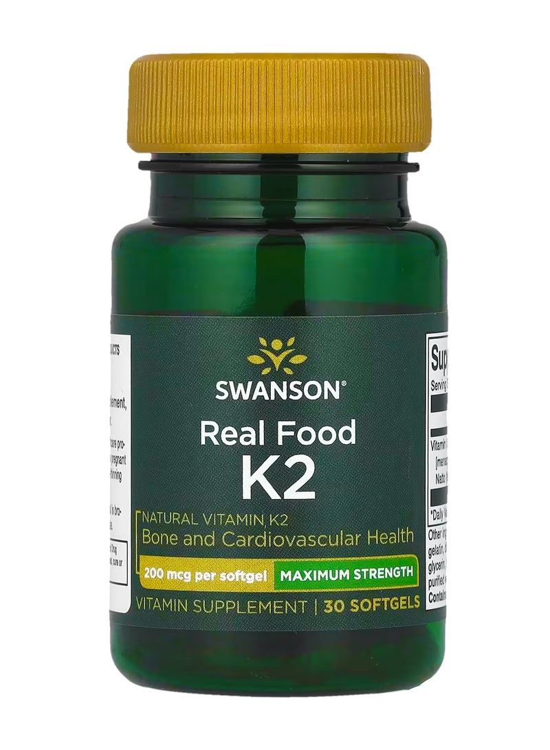 سوانسون القوة القصوى ، Real Food K2 ، 200 مكجم ، 30 كبسولة هلامية